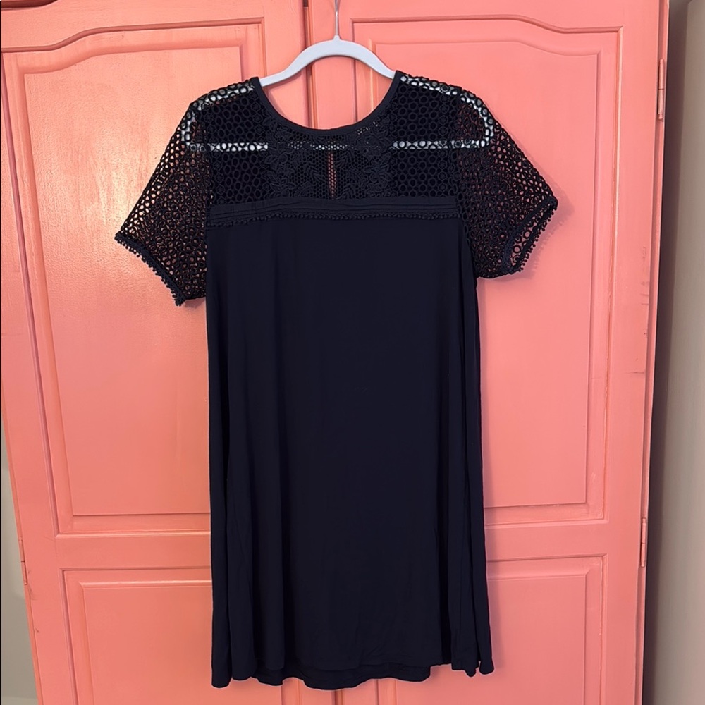 Navy swing dress with crochet sleeve and neckline detail Large